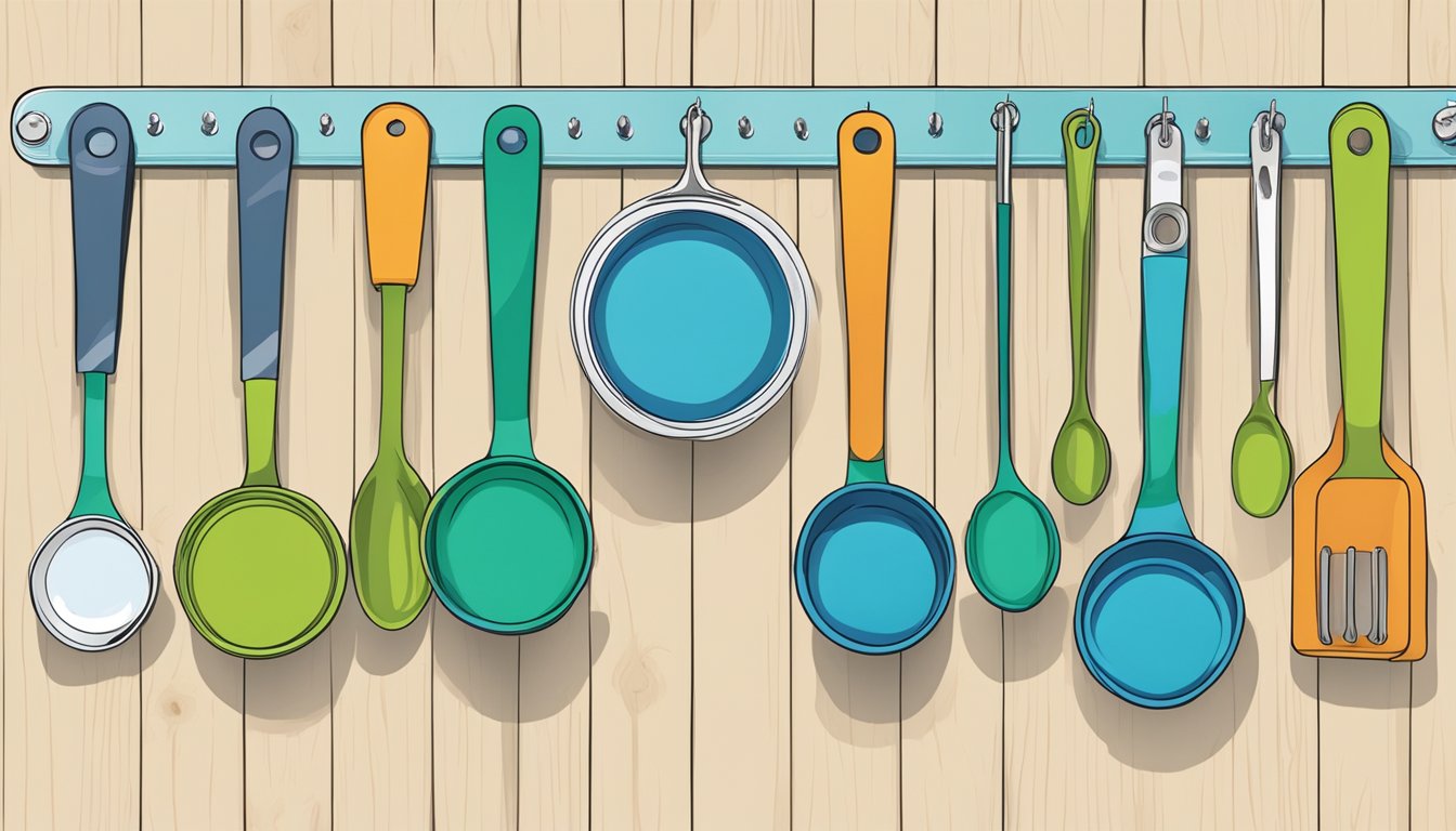 Measuring cups and spoons hanging neatly on a pegboard, each with its own designated spot for easy access and organization