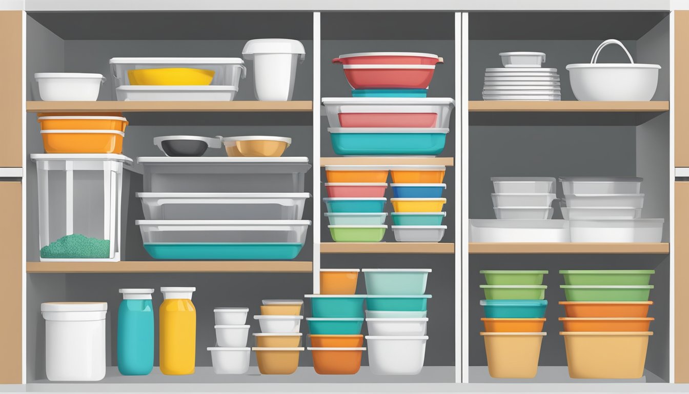 Stackable storage bins neatly organized within a kitchen cabinet, maximizing space with various items stored inside