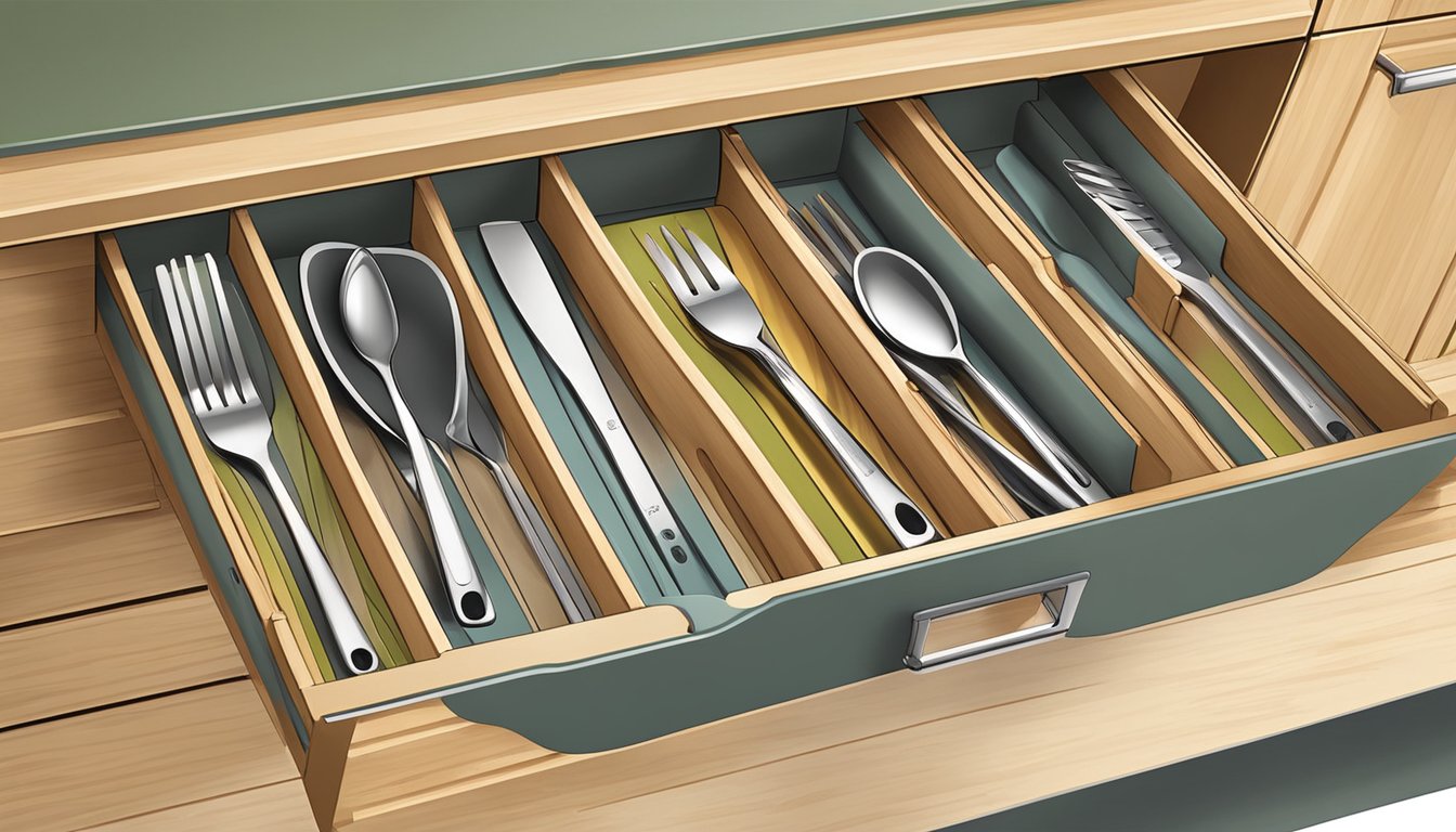 A bamboo drawer organizer expands to fit various kitchen utensils