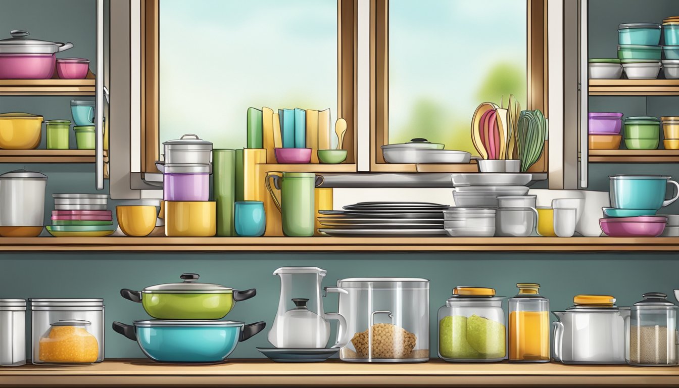 A neat and tidy kitchen shelf with stackable organizers holding various kitchen items