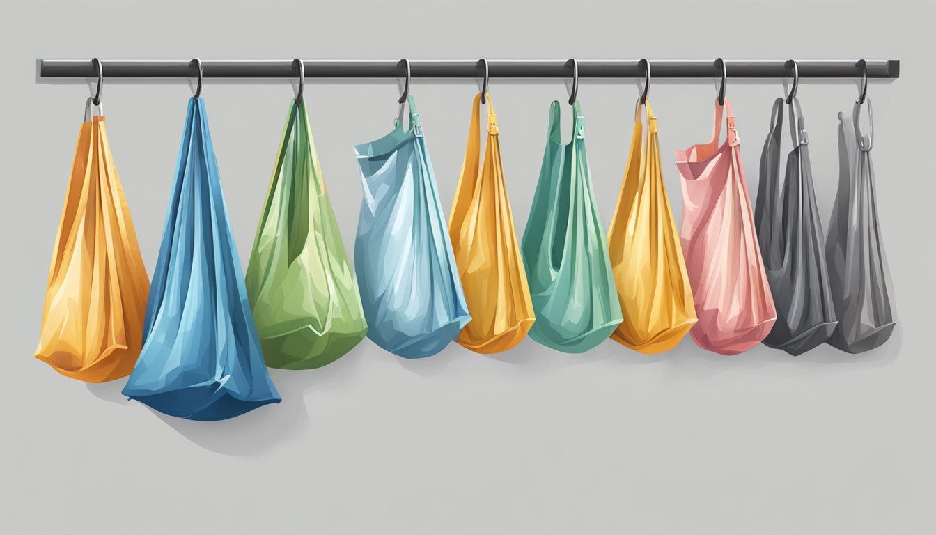 Plastic bags hung on hooks in various creative ways for storage