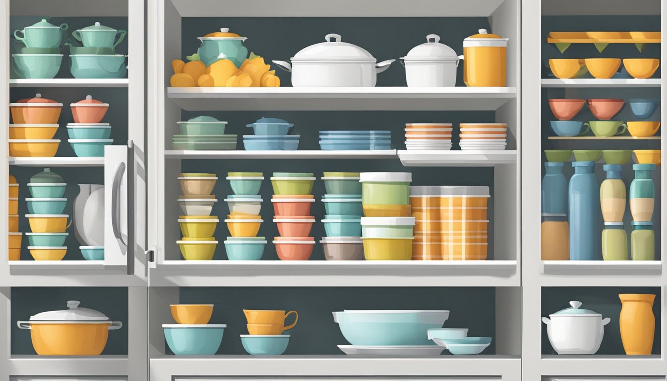 Tiered shelf organizers fill a kitchen cabinet, maximizing space with various items neatly arranged