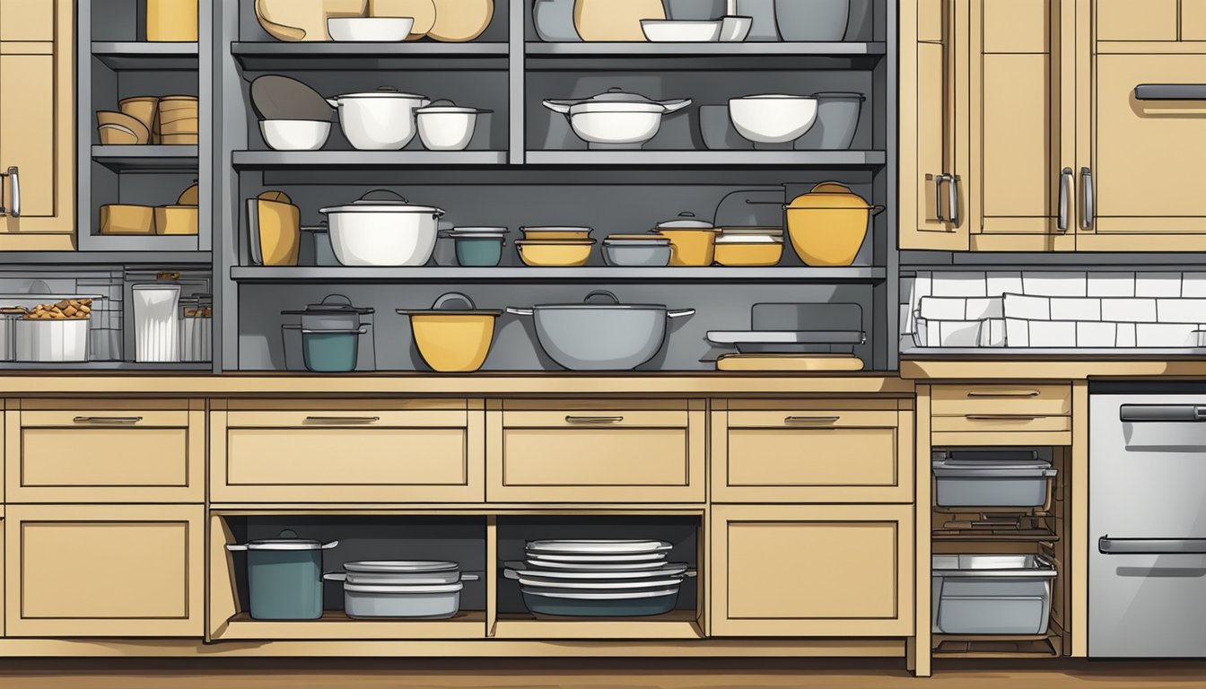 A kitchen cabinet filled with pull-out baskets holding neatly organized items like pots, pans, and utensils