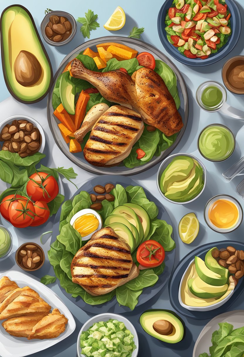 A table set with a variety of low-carb, high-fat meals including grilled chicken, roasted vegetables, and avocado salad