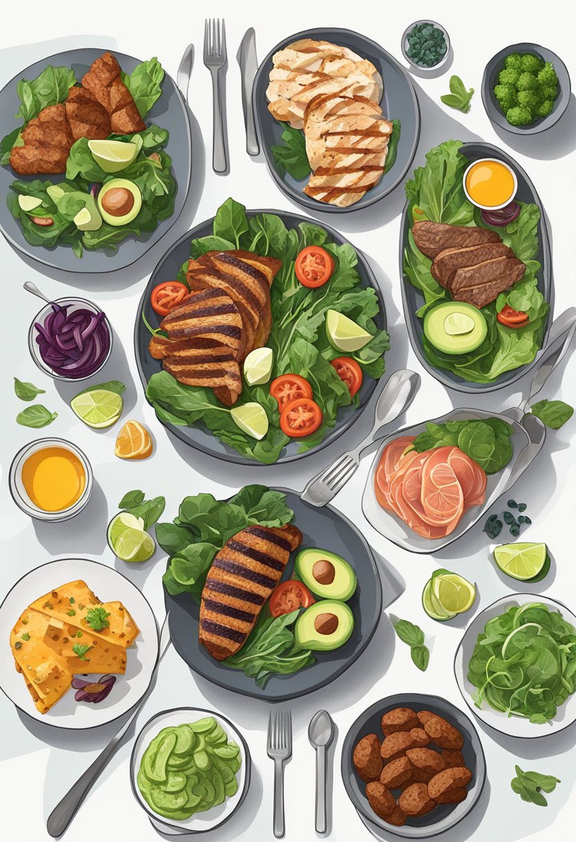 A dinner table set with a variety of keto-friendly foods, including grilled meats, leafy green salads, avocado, and low-carb vegetables