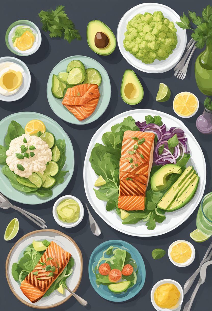 A table set with various keto-friendly dinner dishes, including grilled salmon, avocado salad, and cauliflower rice