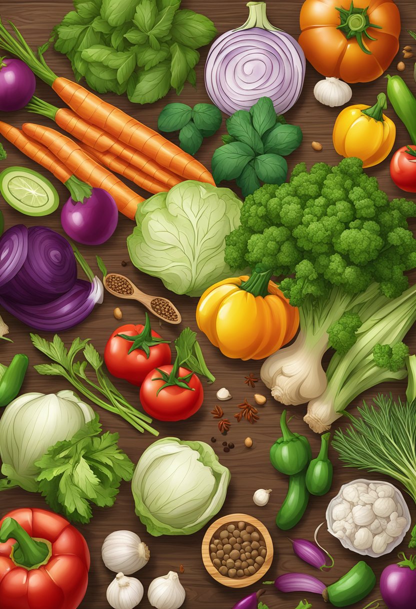 A colorful array of fresh vegetables arranged on a wooden cutting board, surrounded by various herbs and spices