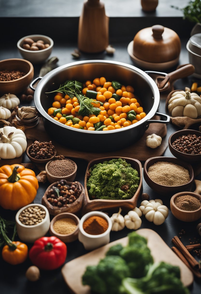 A cozy kitchen with an assortment of autumn vegetables, spices, and cooking utensils laid out for preparing keto fall recipes