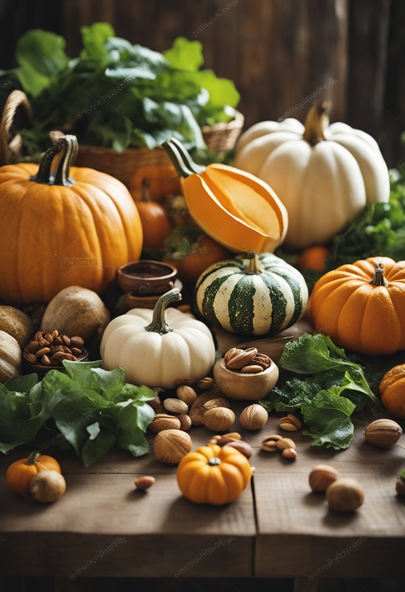 A rustic wooden table adorned with autumnal produce: pumpkins, squash, apples, nuts, and leafy greens