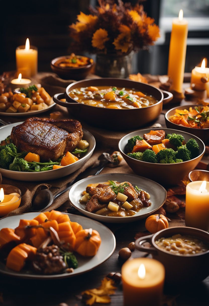 A table set with a variety of keto fall main courses, including roasted meats, hearty stews, and colorful vegetable dishes, surrounded by autumn foliage and warm candlelight