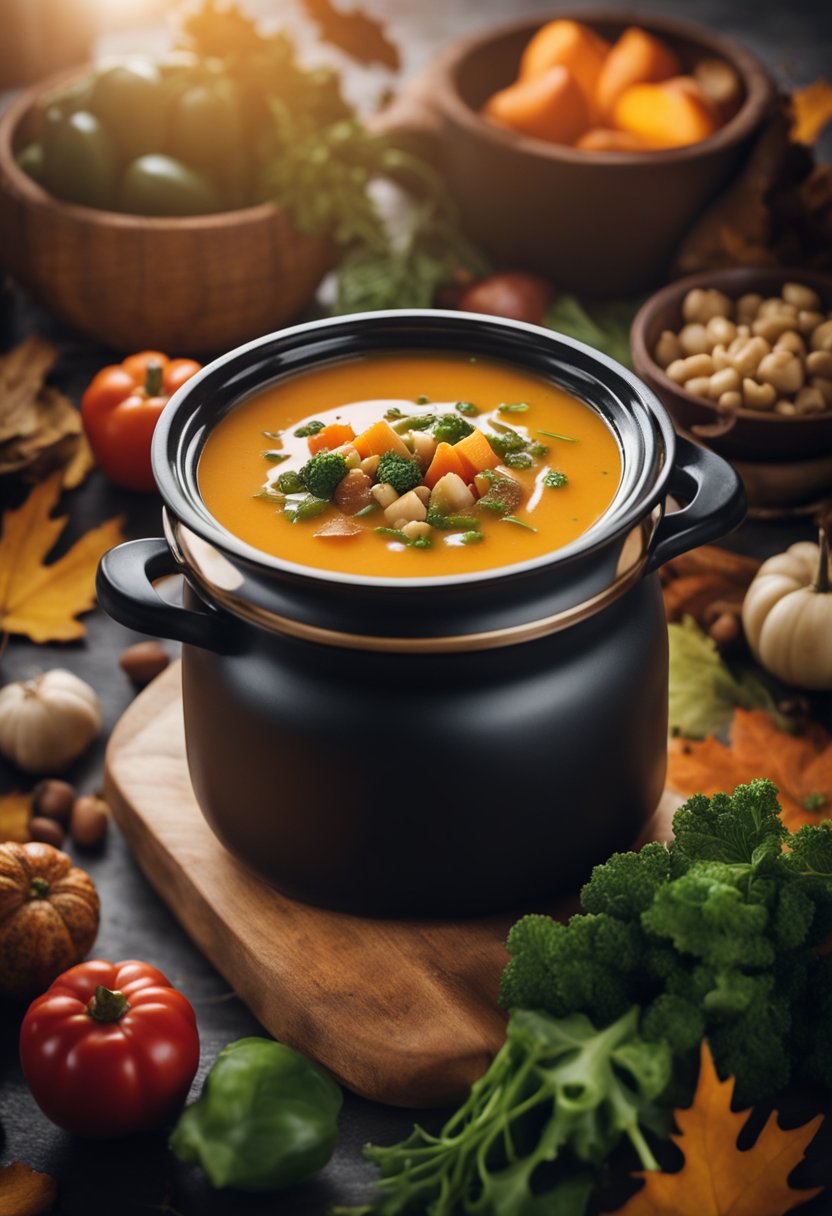 A steaming pot of keto-friendly soup surrounded by autumn leaves and seasonal vegetables