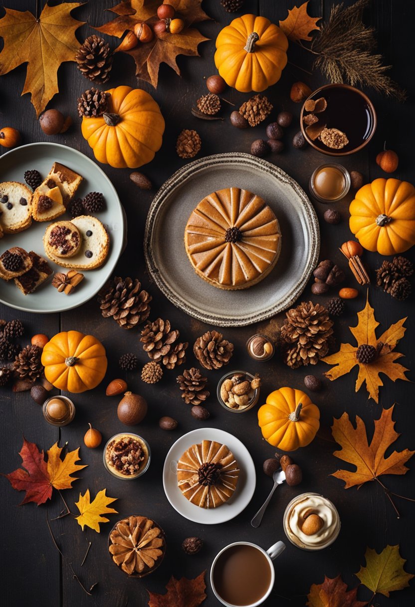 A rustic wooden table adorned with an assortment of keto-friendly autumnal desserts, surrounded by colorful fall leaves and seasonal decorations