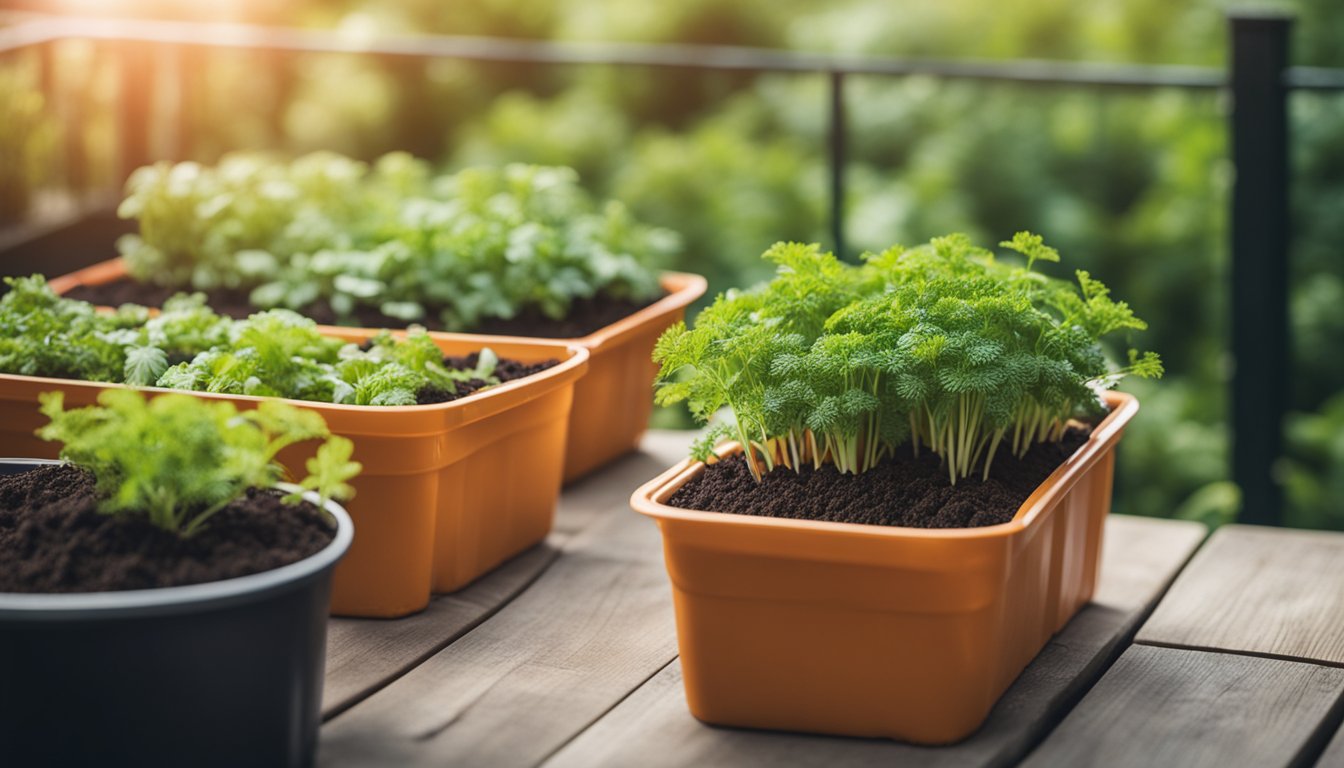 Two 12-inch containers on a garden balcony display soil moisture and multiple carrot tops without revealing the carrots themselves