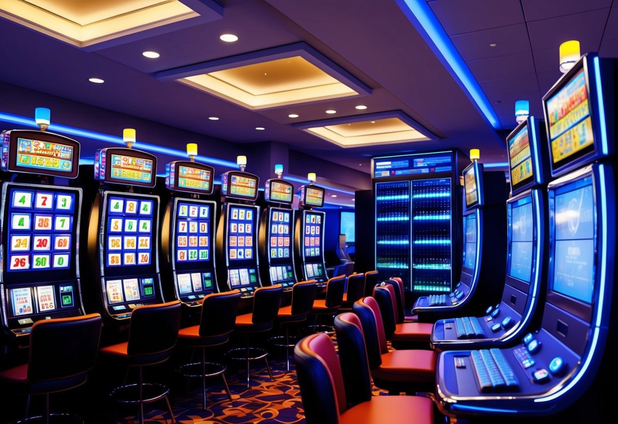 Un sol de casino avec plusieurs machines à sous et des écrans numériques affichant des numéros et des symboles aléatoires. Une salle de serveurs informatiques avec des lumières clignotantes et des câbles connectés aux machines de jeu.