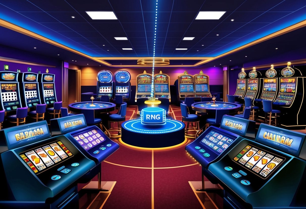 A casino floor with various slot machines and table games, all connected to a central RNG technology system. The system ensures fairness by generating random outcomes for every game.