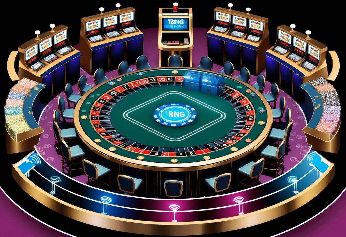 Une scène de casino avec diverses tables de jeux et des machines à sous, toutes entourées de technologies avancées garantissant l'équité et l'égalité grâce à la technologie RNG.