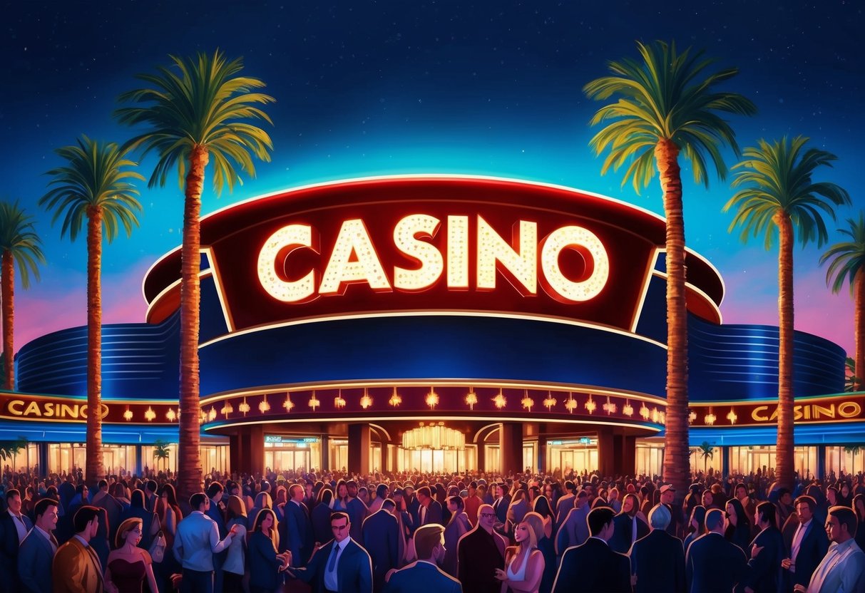 A bright casino sign against a night sky, surrounded by palm trees and a lively crowd