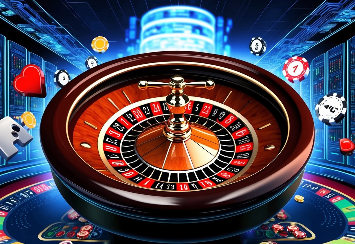 A digital roulette wheel spinning inside a virtual casino, surrounded by various casino games and a background of servers and technology.