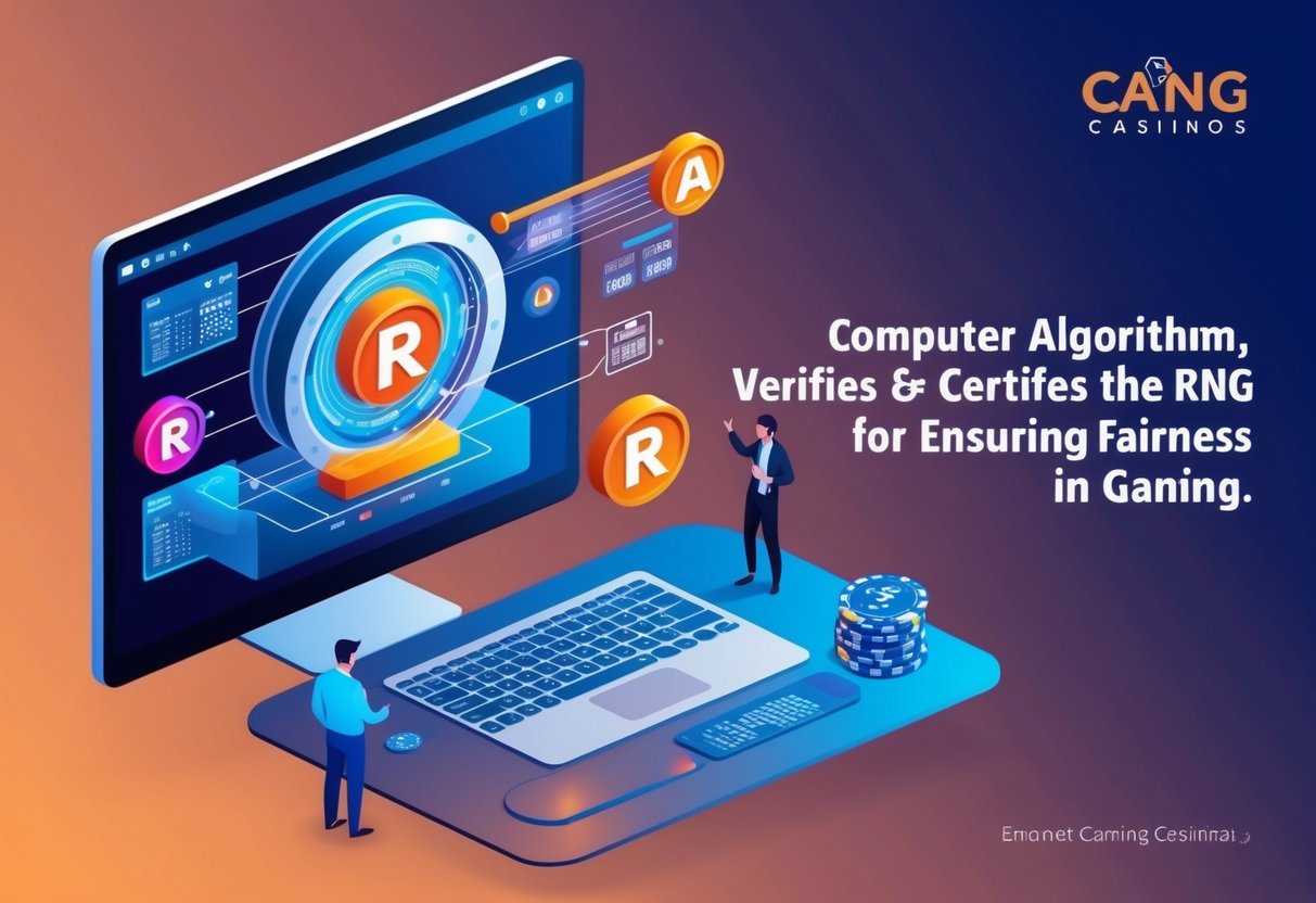 A computer algorithm verifies and certifies the RNG for casinos, ensuring fairness in games.