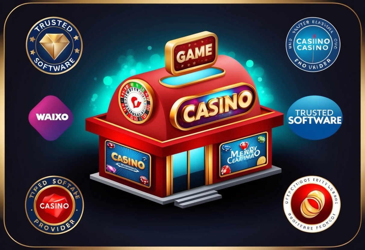 Un casino avec divers logos de jeux affichés, entouré de logos de fournisseurs de logiciels de confiance