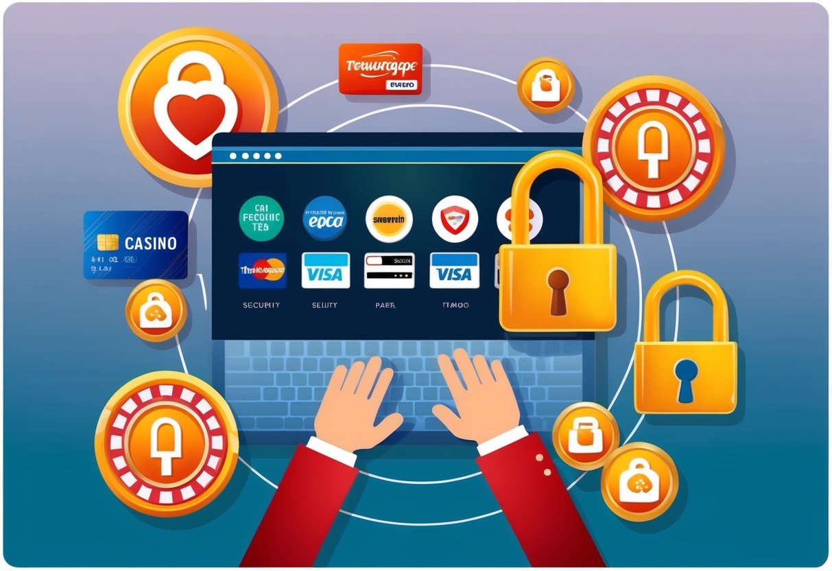 A secure online casino with various payment methods. Security symbols and padlock icon