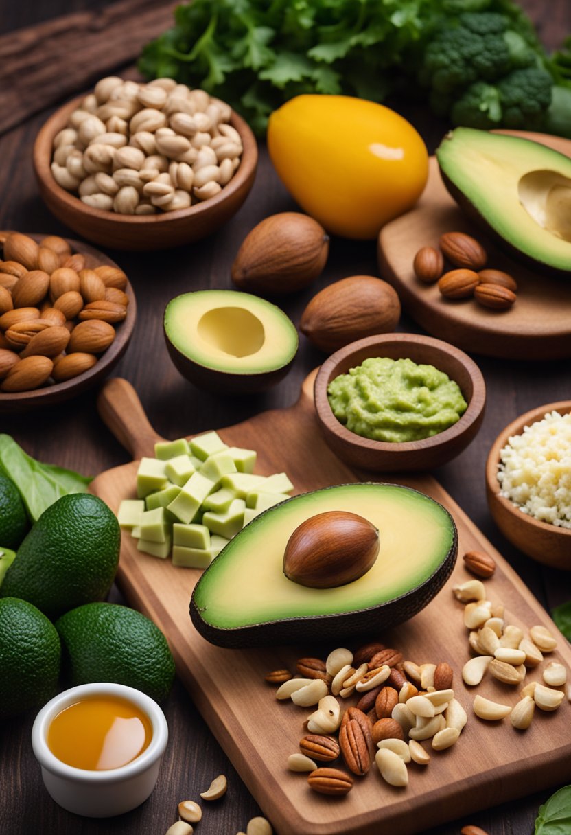 A variety of keto-friendly foods arranged on a wooden cutting board, including avocado, nuts, cheese, and vegetables