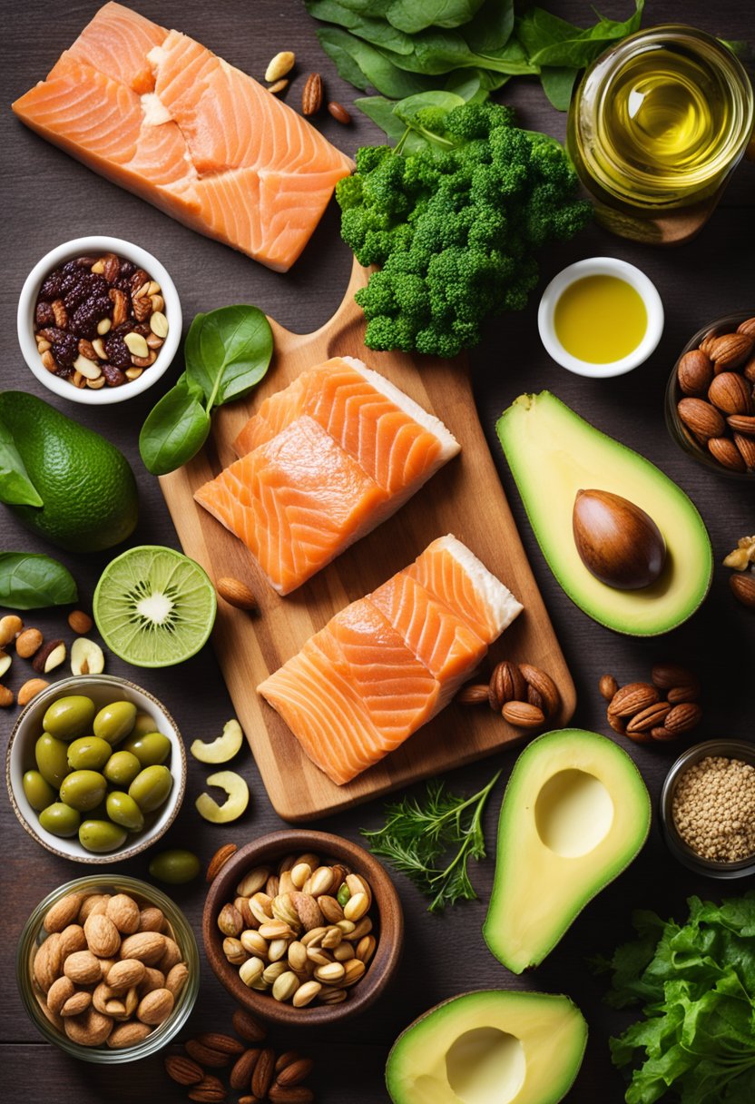 A colorful array of keto-friendly foods arranged on a wooden cutting board, including avocados, leafy greens, salmon, nuts, and olive oil