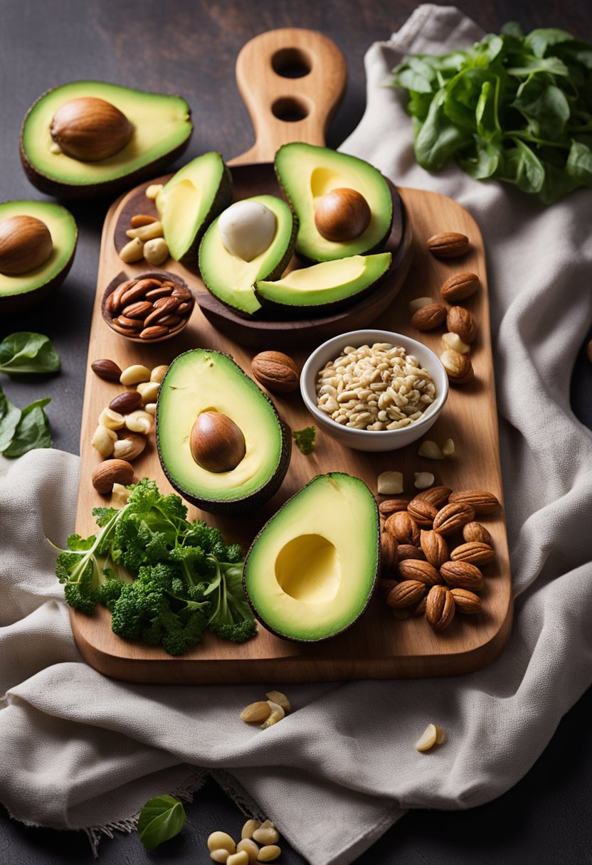 A variety of keto-friendly foods arranged on a wooden cutting board, including avocados, nuts, leafy greens, and lean meats