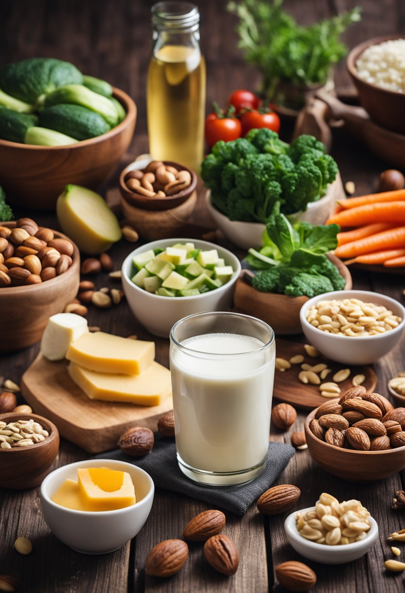 A variety of keto-friendly dairy and alternative products displayed on a wooden table with fresh vegetables and nuts