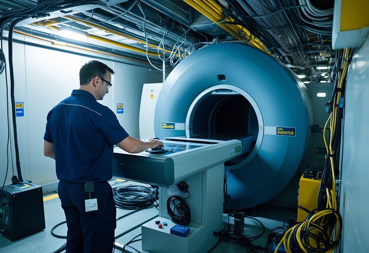 A technician operates a large scanning machine in an underground facility, surrounded by wires and equipment