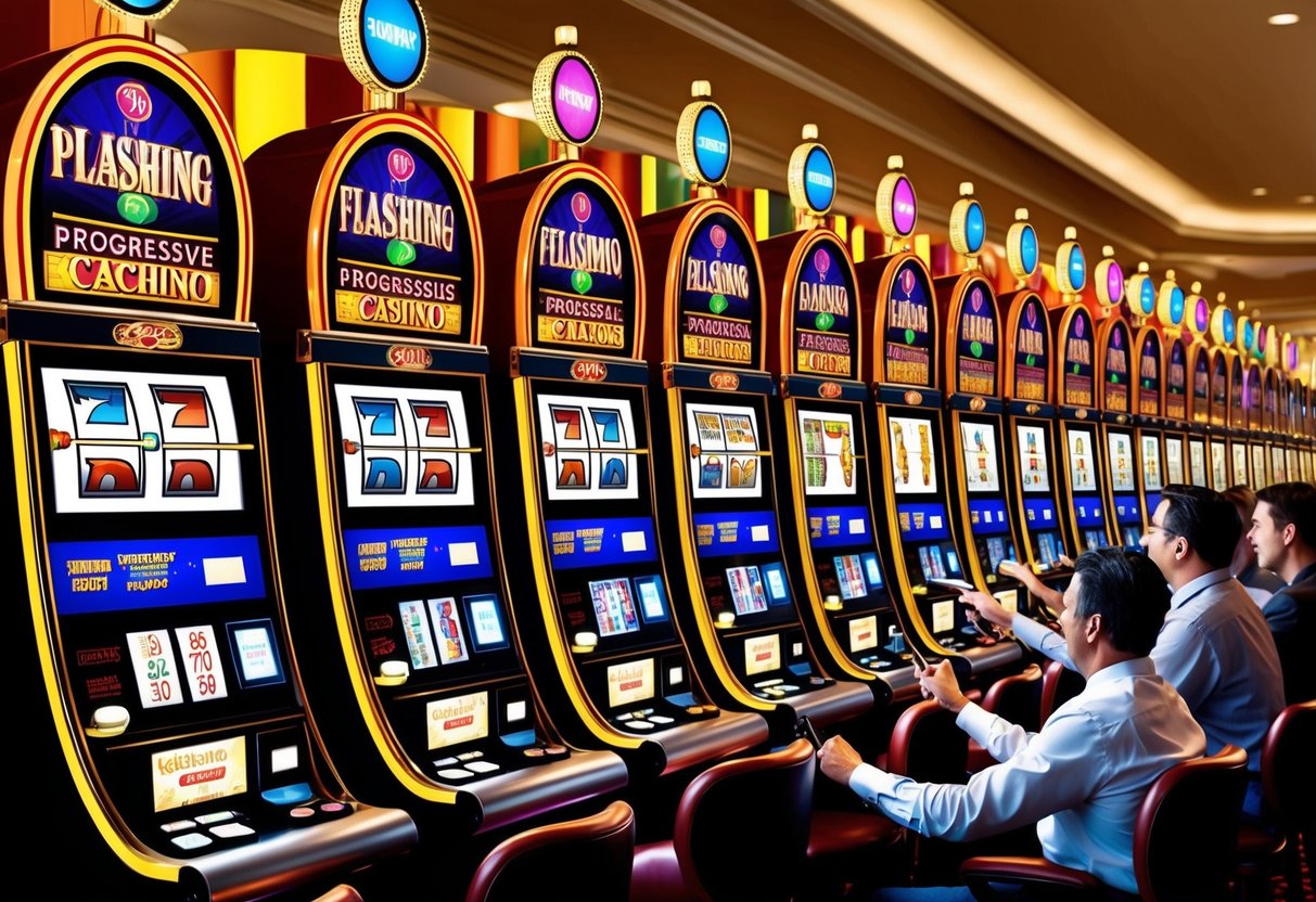 Une rangée de machines à sous progressives colorées et clignotantes alignées dans un casino animé, avec des joueurs tirant avec impatience sur les leviers et regardant les rouleaux tourner.