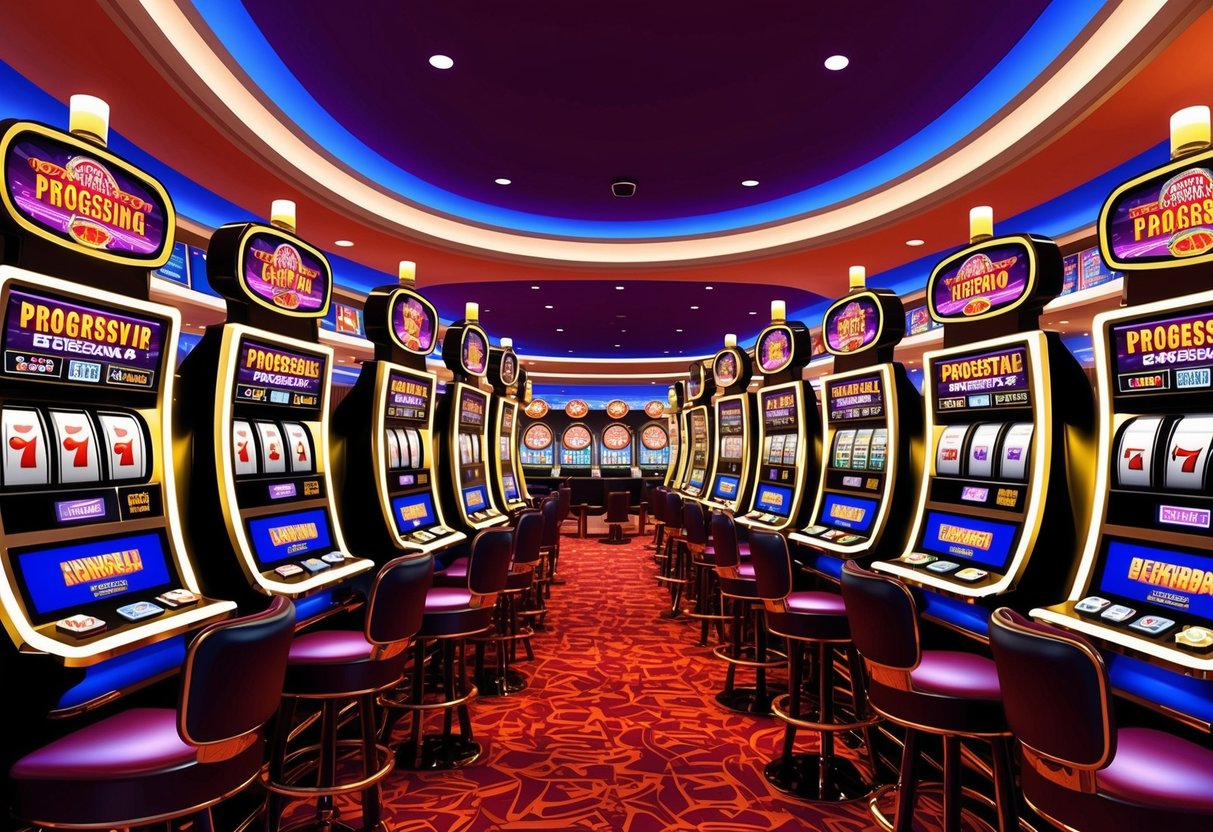 Un casino coloré avec des rangées de machines à sous progressives clignotantes