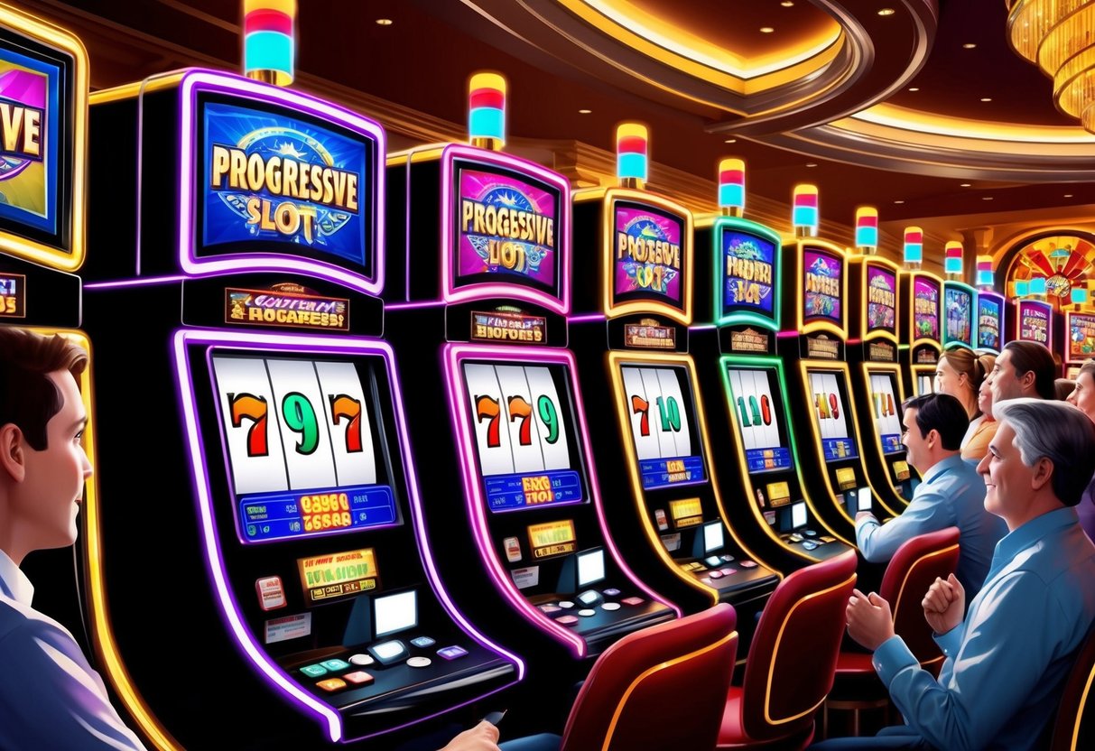 Une rangée de machines à sous progressives colorées avec des lumières clignotantes et des rouleaux tournants, entourée de joueurs impatients dans un casino animé.