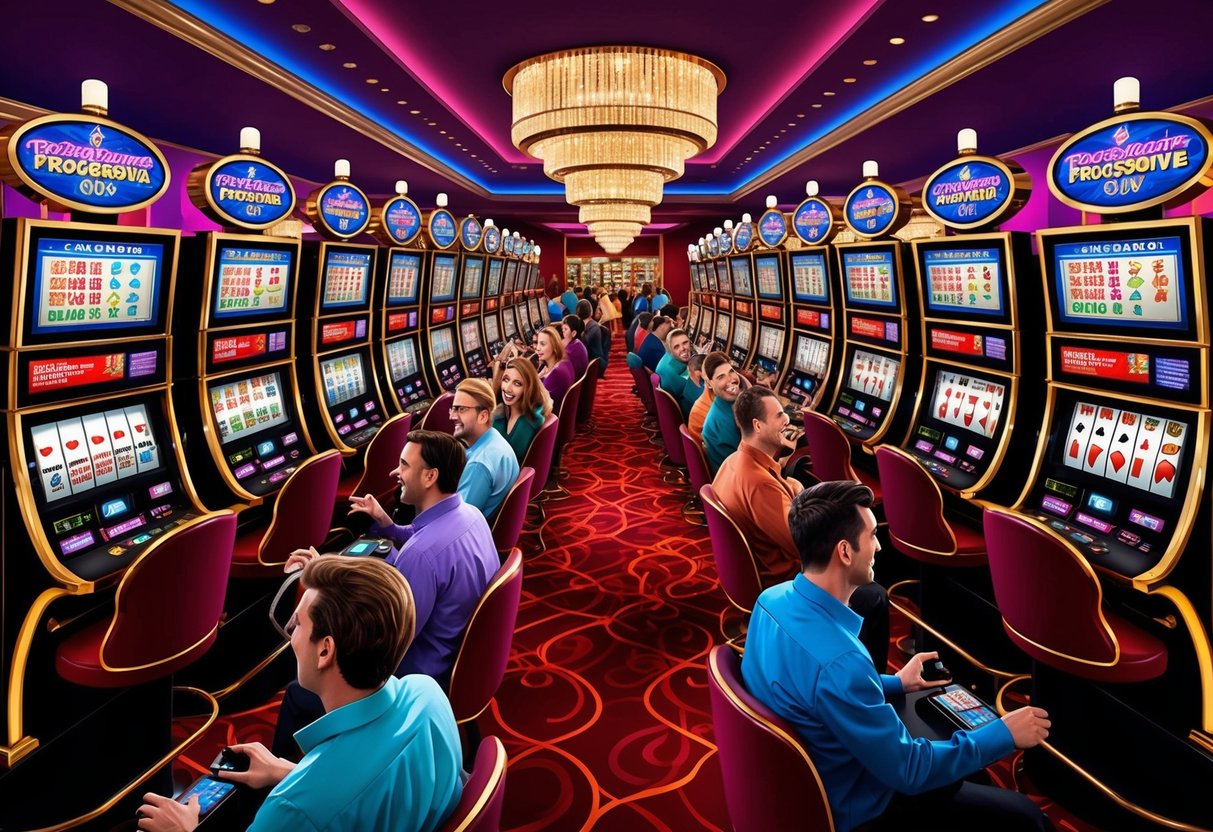 Un sol de casino coloré avec des rangées de machines à sous progressives clignotantes et des joueurs excités