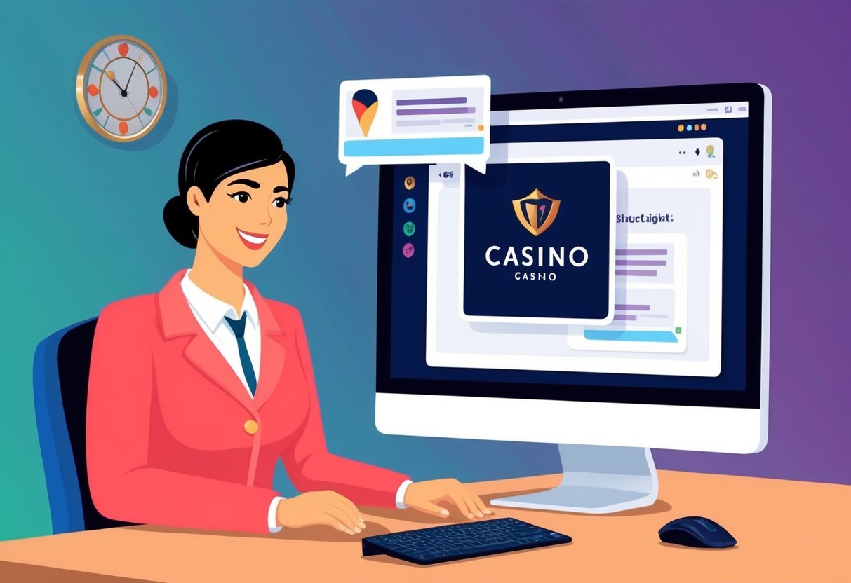 A customer service agent helping a casino player via live chat, with a computer screen displaying the casino logo and a chat window