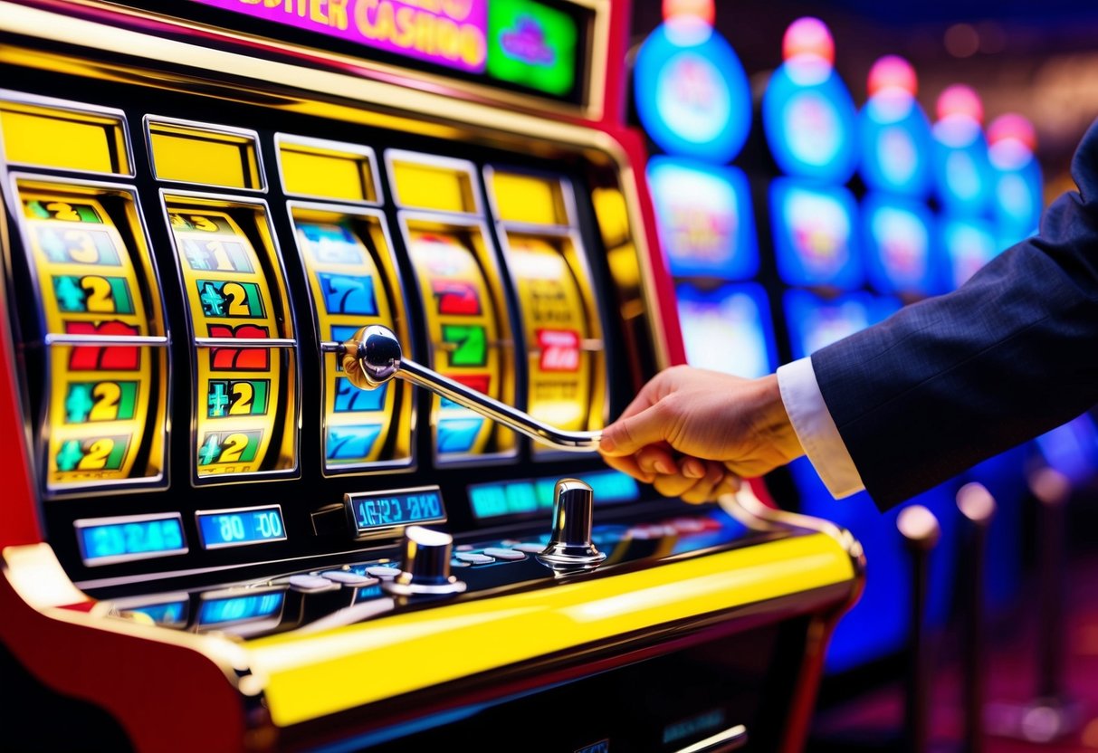 Une personne tire le levier d'une machine à sous progressive colorée et lumineuse dans un casino animé. Les rouleaux tournent alors que le joueur espère maximiser ses chances de gagner.