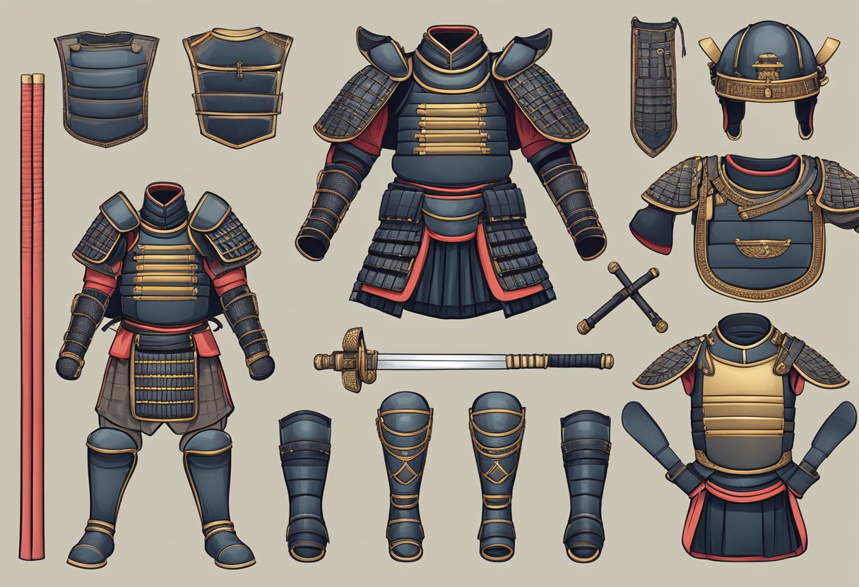 A set of samurai armor laid out with six essential parts displayed, including the helmet, chest plate, shoulder guards, arm guards, thigh guards, and shin guards