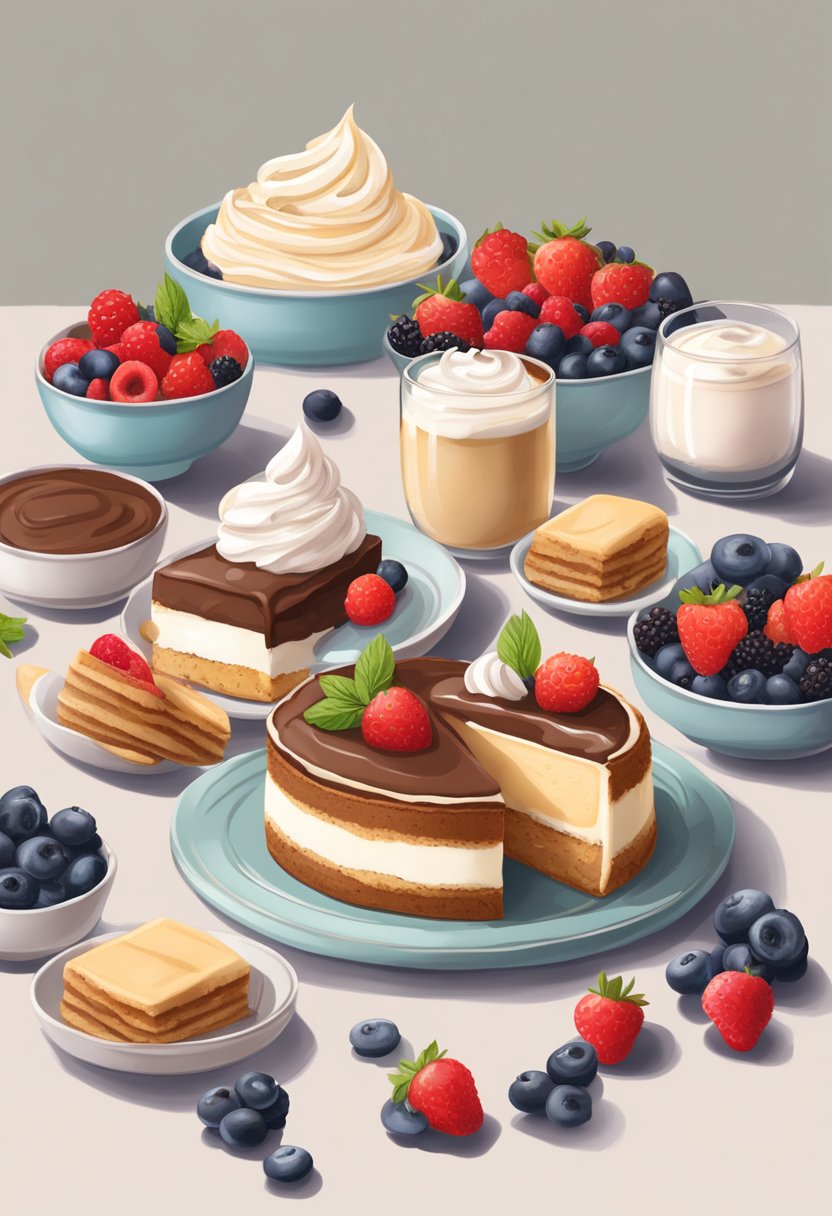 A table adorned with an assortment of keto-friendly desserts, including cheesecake, chocolate mousse, and almond flour cookies, surrounded by fresh berries and whipped cream