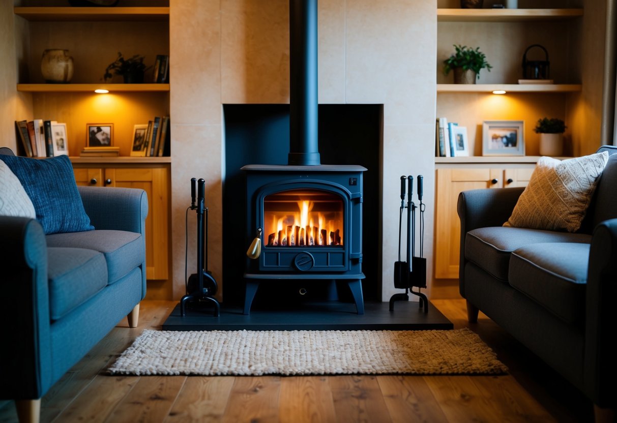 A cozy living room with a crackling wood-burning stove as the focal point, surrounded by comfortable seating and warm lighting