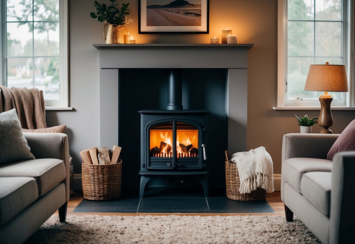 A cozy living room with a crackling wood-burning stove as the focal point, surrounded by comfortable seating and a warm, inviting atmosphere