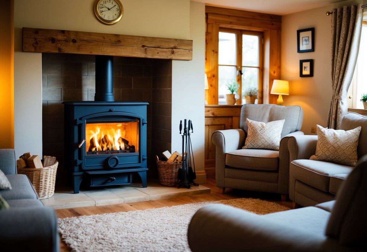 A cozy living room with a roaring fire in a traditional wood burning stove, surrounded by comfortable furniture and warm lighting