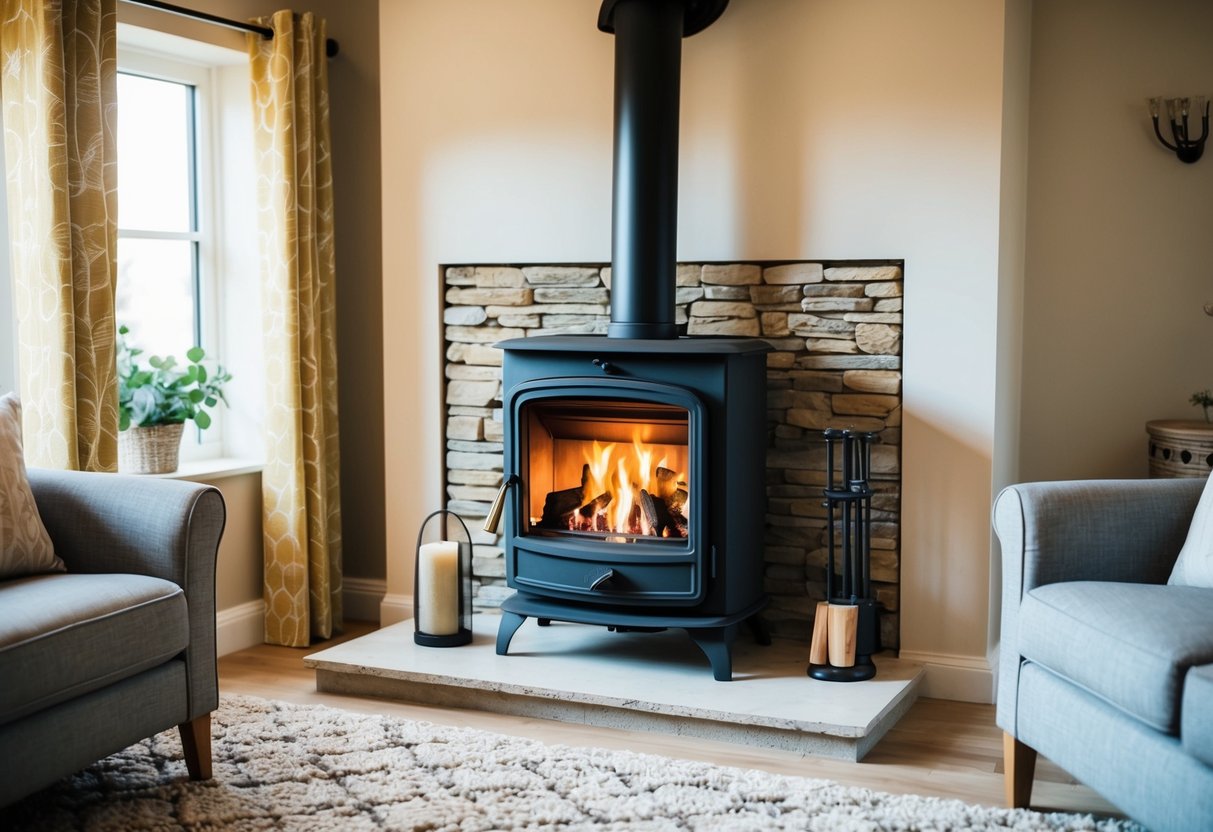 A cozy living room with a roaring wood burning stove, surrounded by a stone hearth and a regulation-compliant chimney