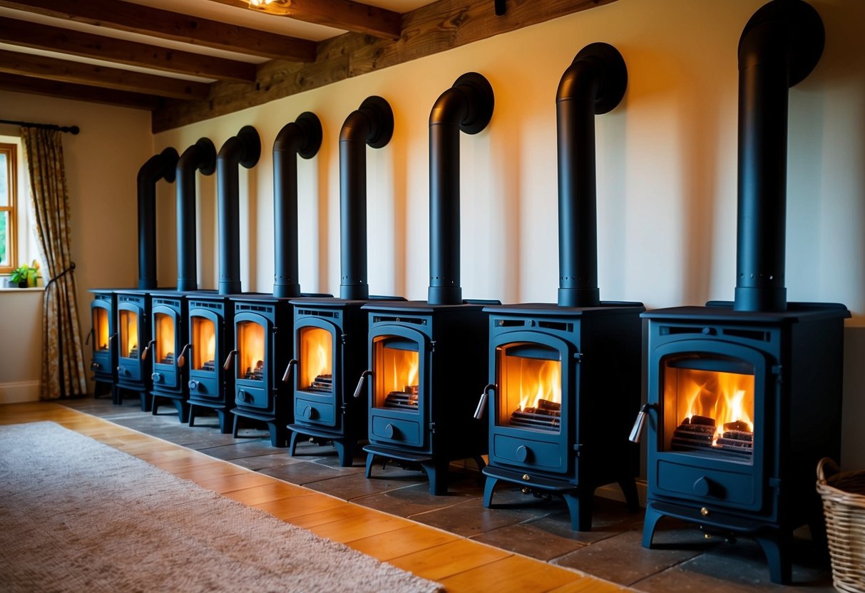 A cozy Irish cottage with 10 wood burning stoves lined up, each emitting a warm glow and showcasing their fuel efficiency and burn time