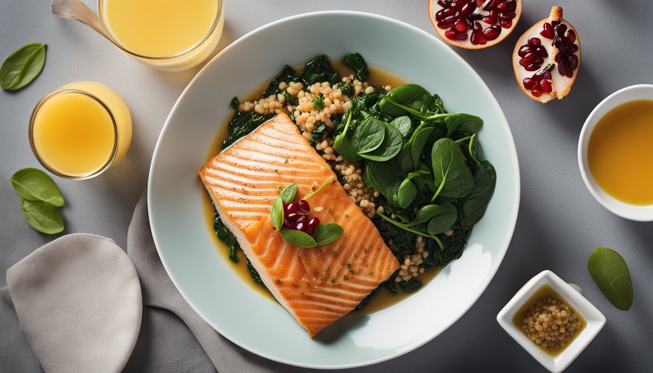 A plate of iron-rich foods: seared salmon, spinach, lentil soup, quinoa with pomegranate. Garnished with herbs, served with orange juice