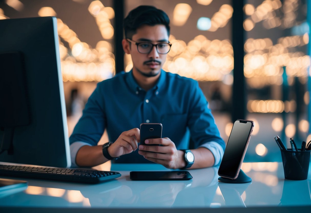 Une personne assise à un bureau avec un ordinateur de bureau d'un côté et un smartphone de l'autre, se demandant quel appareil utiliser pour jouer dans un casino en ligne.