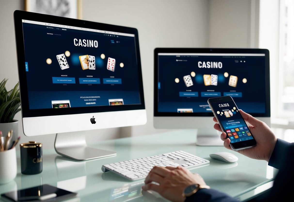 Un ordinateur de bureau et un smartphone sont côte à côte, avec un site web de casino affiché sur chaque écran. L'ordinateur de bureau est positionné sur un bureau propre et organisé, tandis que le smartphone est tenu dans une main.