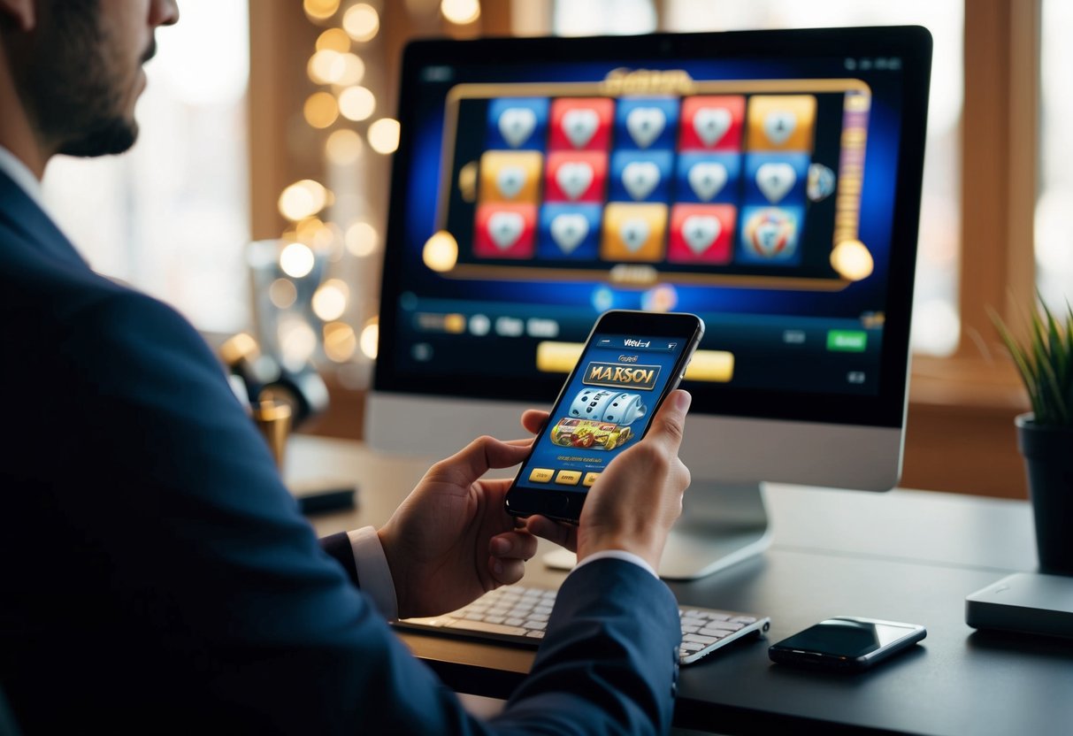 Une personne jouant à un jeu de casino mobile tout en étant assise à un bureau avec un ordinateur et un smartphone