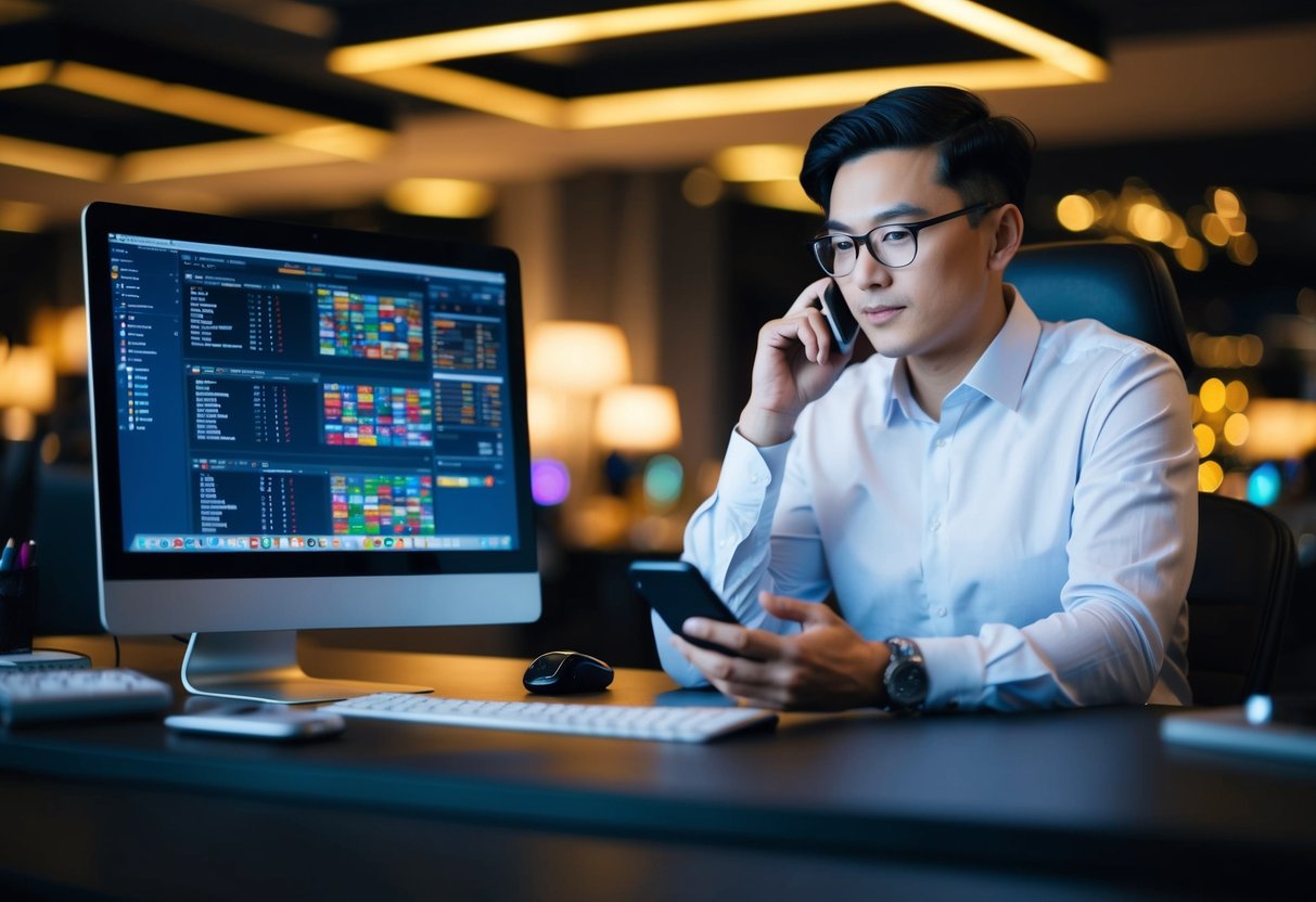 Une personne assise à un bureau avec un ordinateur d'un côté et un smartphone de l'autre, se demandant quel appareil utiliser pour jouer aux casinos en ligne.