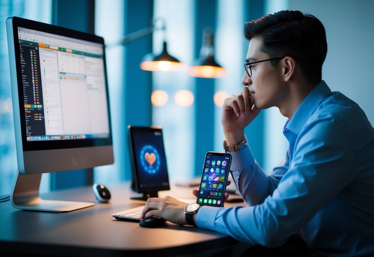 Une personne assise à un bureau avec un ordinateur de bureau d'un côté et un smartphone de l'autre, réfléchissant à quel appareil utiliser pour jouer au casino en ligne.