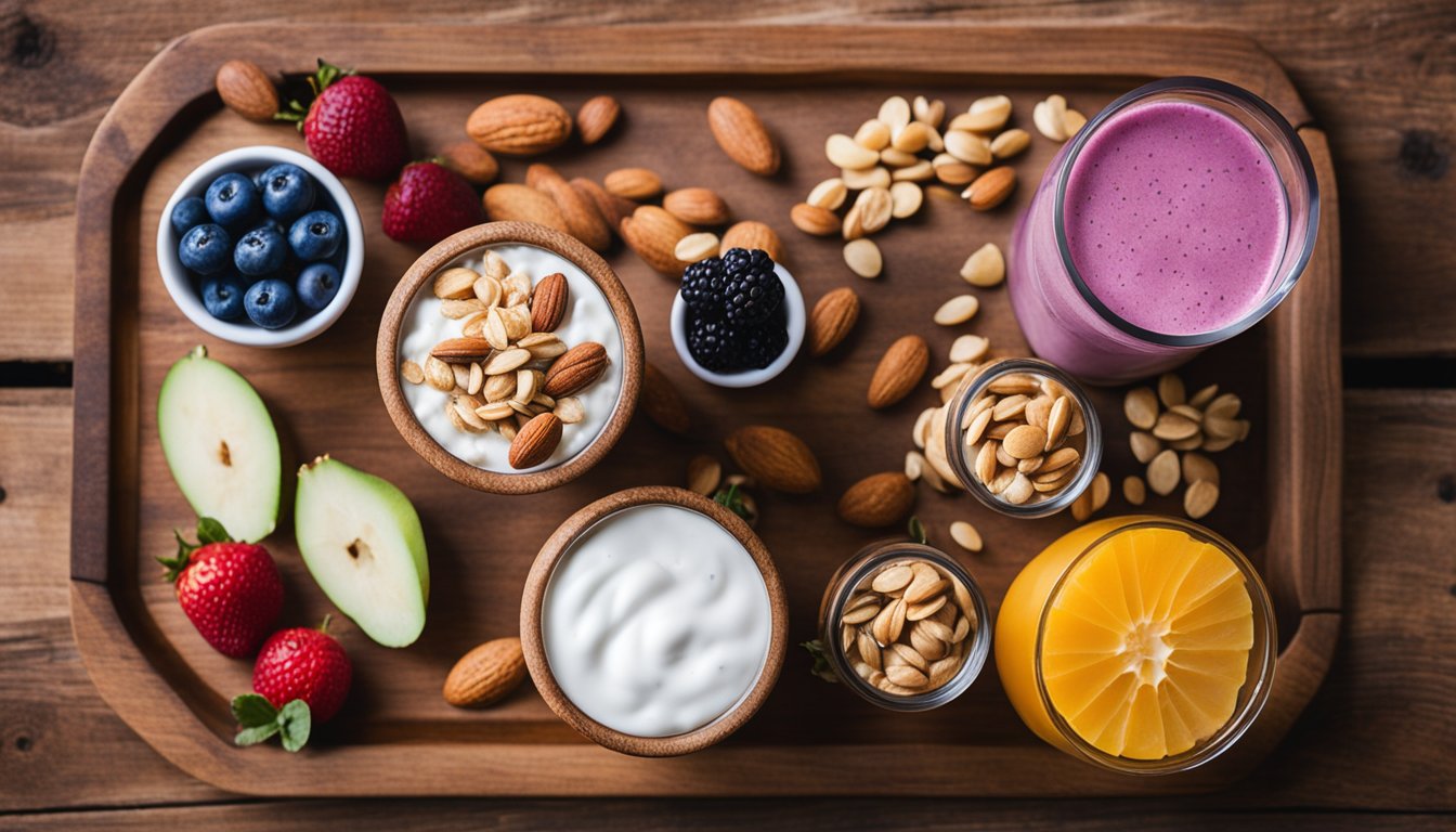 A wooden tray displays a Greek yogurt parfait, oatmeal with almonds, and a colorful fruit smoothie from a bird's eye view